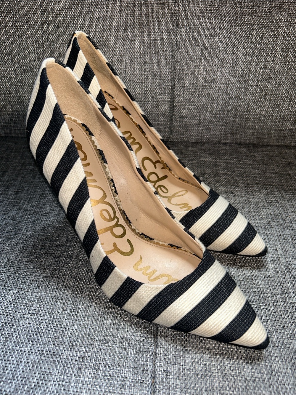Sam Edelman Black and Cream Striped Pointed Pumps
